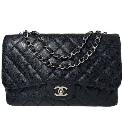Image of Chanel jumbo 2.55 timeless classic flap bag in black caviar leather and silver hardware VM221227
