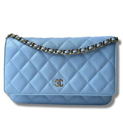 Image of Chanel baby blue WOC "wallet on chain" bag, caviar GHW VM221286