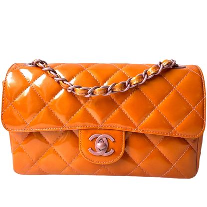 Image of Chanel 2.55 timeless classic orange patent leather mini flap bag VM221298