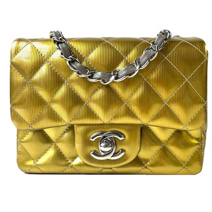 Image of Chanel 2.55 timeless classic square seasonal gold patent leather mini flap bag VM221299