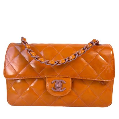 Image of Chanel 2.55 timeless classic orange patent leather mini flap bag VM221361