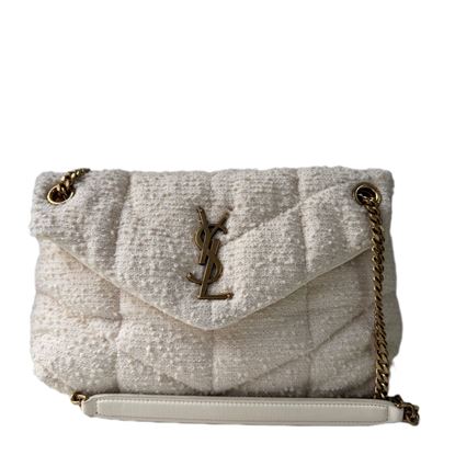 Image of Saint Laurent ecru tweed bouclé Loulou puffer chevron bag VM221403